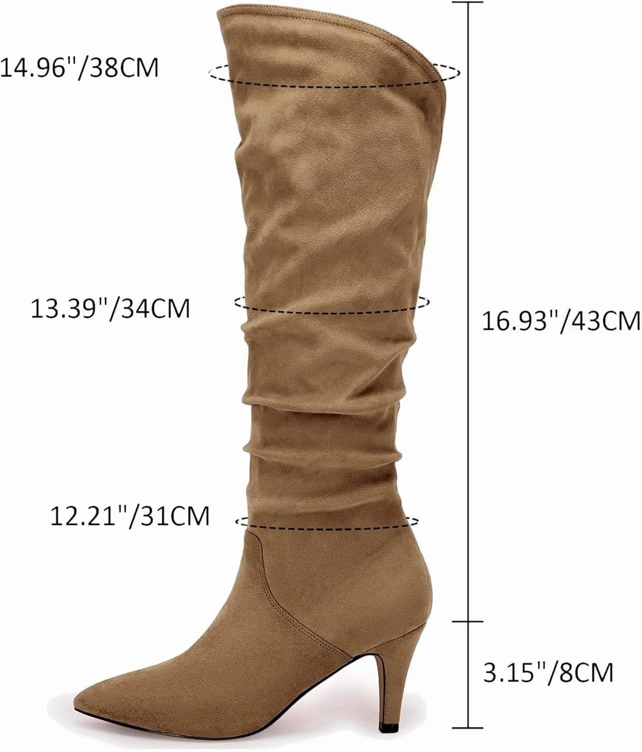 Coutgo Womens Slouchy Knee High Boots Wide Calf Kitten Heel Pointed Toe Pull On Long Boots Winter Shoes