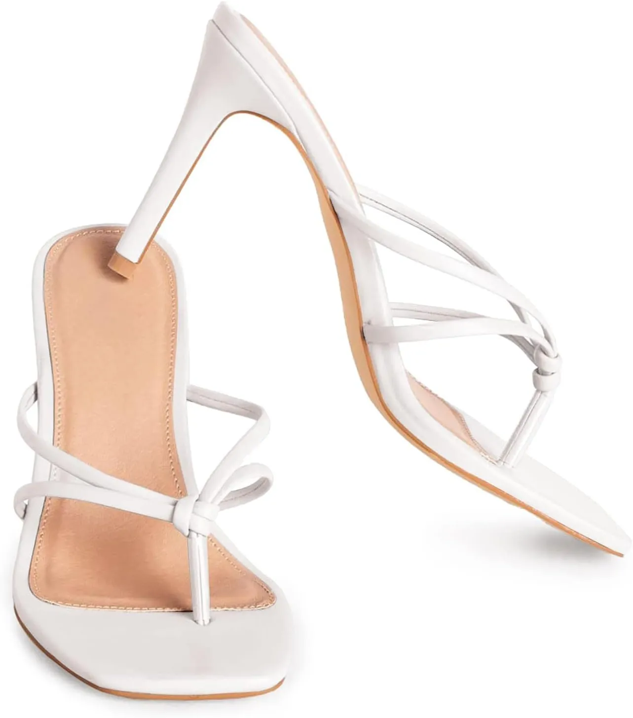 Coutgo Womens Strappy Heeded Sandals Square Toe Flip Flops Fashion Stiletto Thong Slip On Sandals