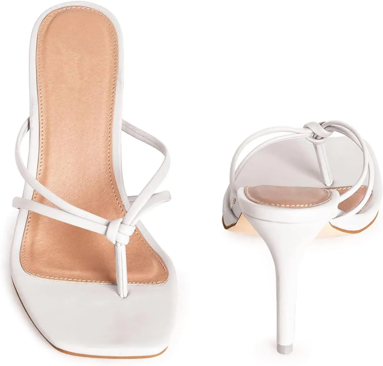 Coutgo Womens Strappy Heeded Sandals Square Toe Flip Flops Fashion Stiletto Thong Slip On Sandals