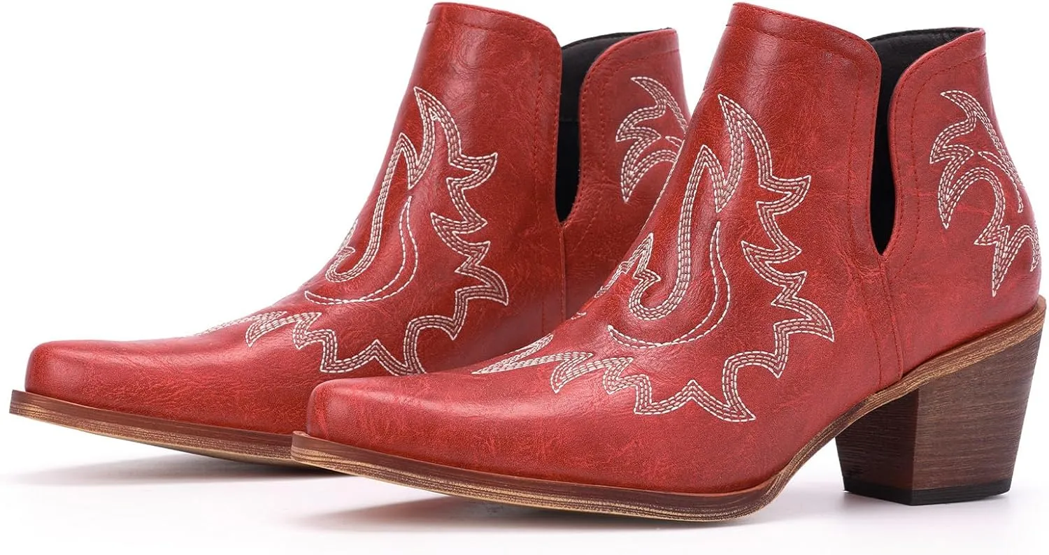 Cowboy Boots for Women - Western Ankle Boots, Chunky Heels Fall Short Booties (UNDERSIZE: PLEASE SELECT SIZE UP)