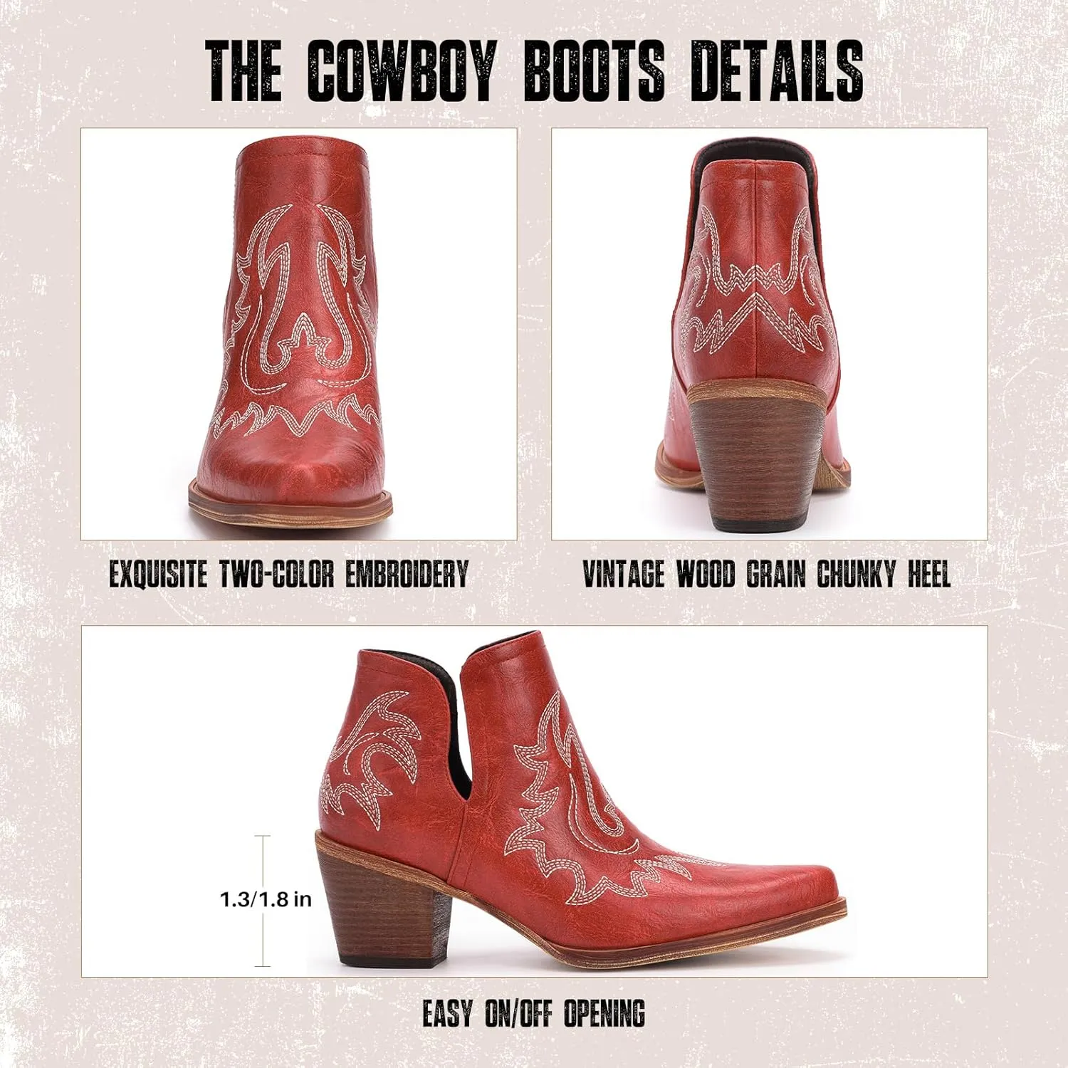 Cowboy Boots for Women - Western Ankle Boots, Chunky Heels Fall Short Booties (UNDERSIZE: PLEASE SELECT SIZE UP)