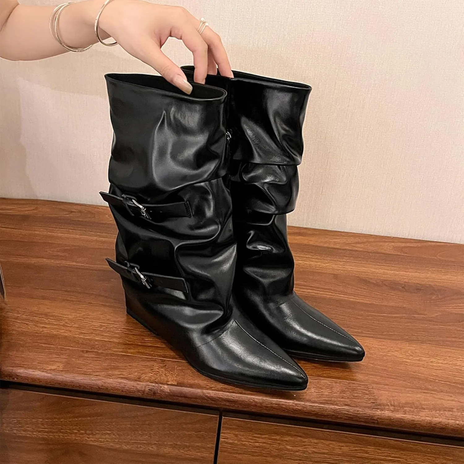 Cowhide Boots,Pointed Toe Thick Heel Boots,Women's Mid Calf Boots,Belt Buckle,Cuff Pleats,Suitable for All Seasons