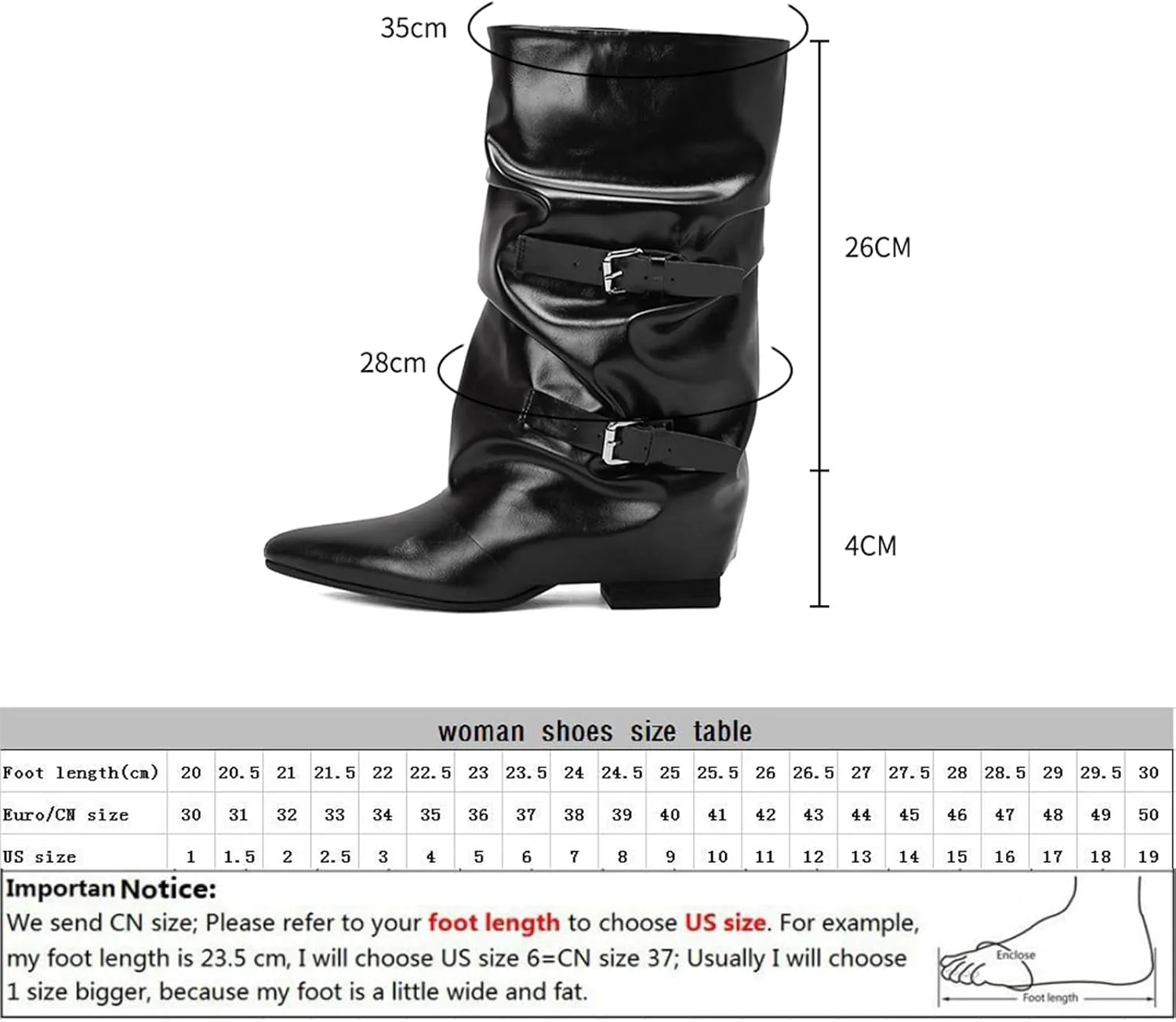 Cowhide Boots,Pointed Toe Thick Heel Boots,Women's Mid Calf Boots,Belt Buckle,Cuff Pleats,Suitable for All Seasons
