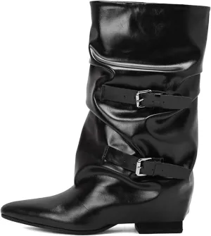 Cowhide Boots,Pointed Toe Thick Heel Boots,Women's Mid Calf Boots,Belt Buckle,Cuff Pleats,Suitable for All Seasons