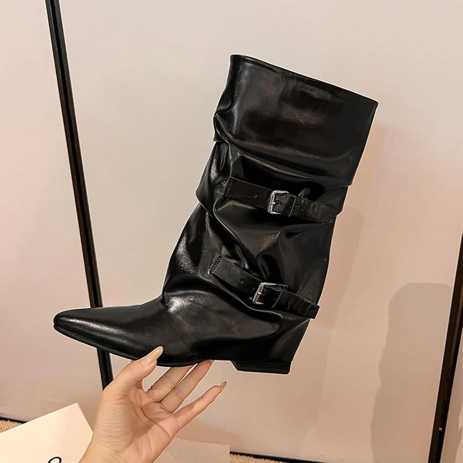 Cowhide Boots,Pointed Toe Thick Heel Boots,Women's Mid Calf Boots,Belt Buckle,Cuff Pleats,Suitable for All Seasons