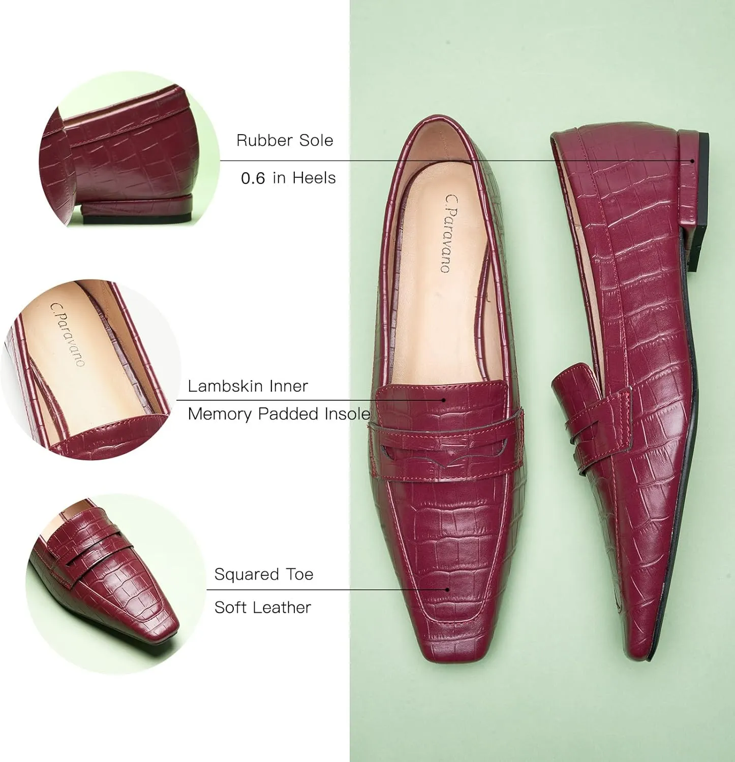 C.Paravano Penny Loafers for Women Formal Dress Square Toe Flats Slip on Loafer Shoes Comfort Loafer for Business Casual Wear