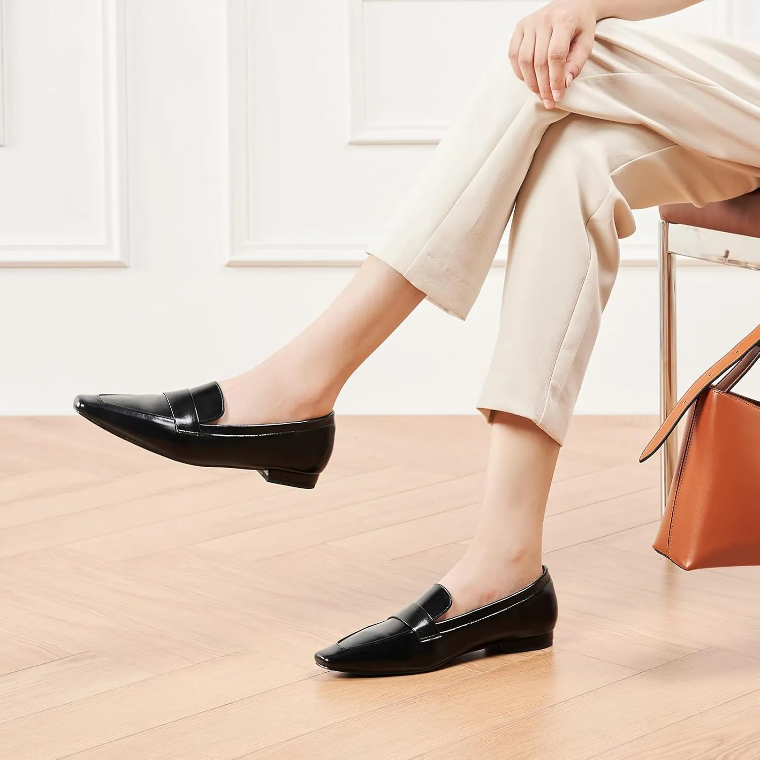 C.Paravano Women's Flat Loafers, Slip-on Penny Loafers for Formal & Casual Wear, Square Toe Comfort Flats for Office