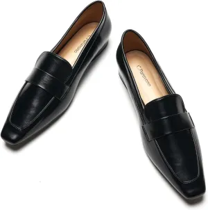 C.Paravano Women's Flat Loafers, Slip-on Penny Loafers for Formal & Casual Wear, Square Toe Comfort Flats for Office