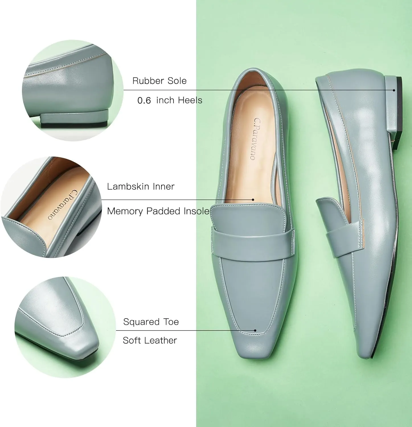 C.Paravano Women's Flat Loafers, Slip-on Penny Loafers for Formal & Casual Wear, Square Toe Comfort Flats for Office