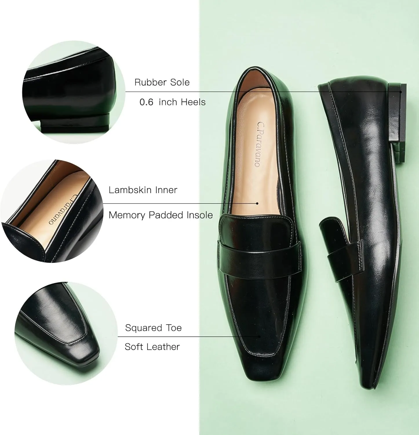 C.Paravano Women's Flat Loafers, Slip-on Penny Loafers for Formal & Casual Wear, Square Toe Comfort Flats for Office