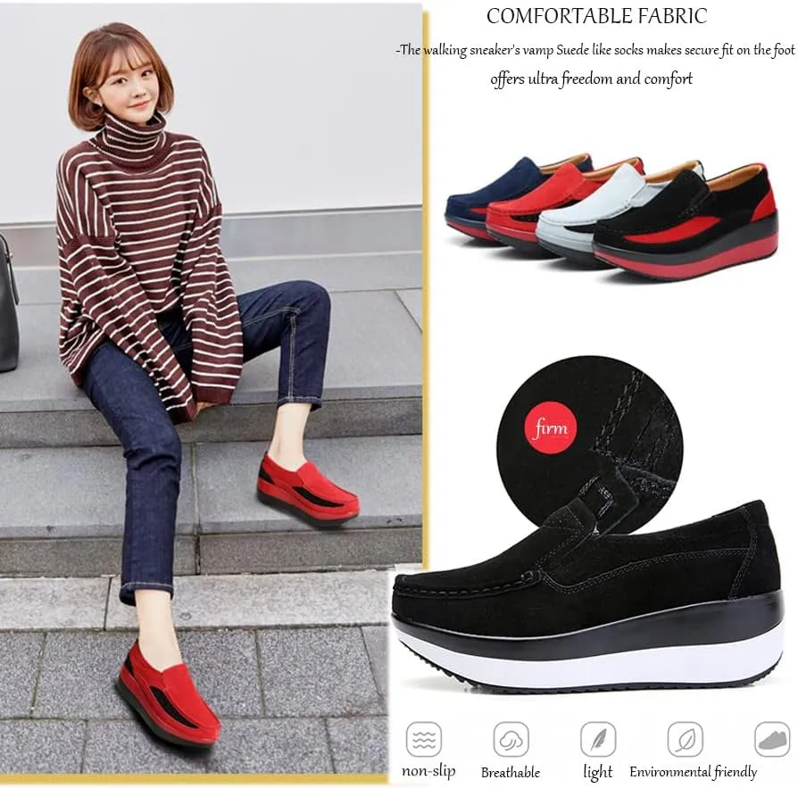 CrazySavage Women's Toning Rocker Walking Shoes Platform Suede Sneakers Slip On with Wedge Orthotic Insole Pain Relief Arch Support That
