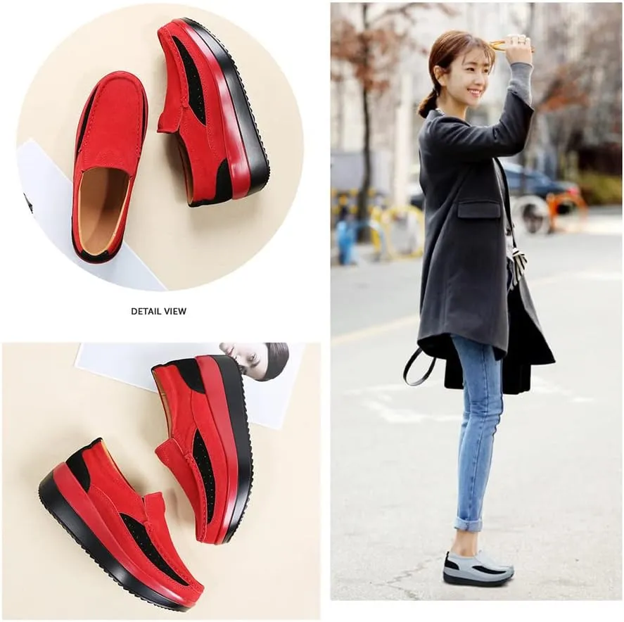 CrazySavage Women's Toning Rocker Walking Shoes Platform Suede Sneakers Slip On with Wedge Orthotic Insole Pain Relief Arch Support That