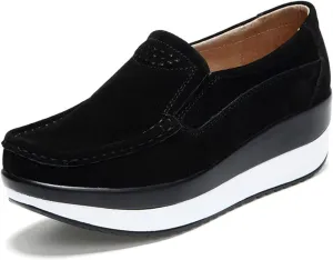 CrazySavage Women's Toning Rocker Walking Shoes Platform Suede Sneakers Slip On with Wedge Orthotic Insole Pain Relief Arch Support That