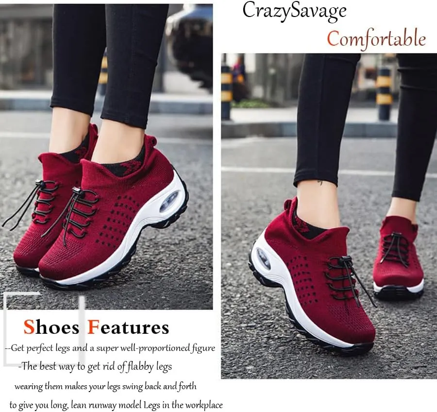 CrazySavage Womens Walking Shoe-Sock Sneakers Slip on Nursing Orthotic Heel Pain Relief Wedge Mesh Platform Air Cushion Buffer Nurse Shoe