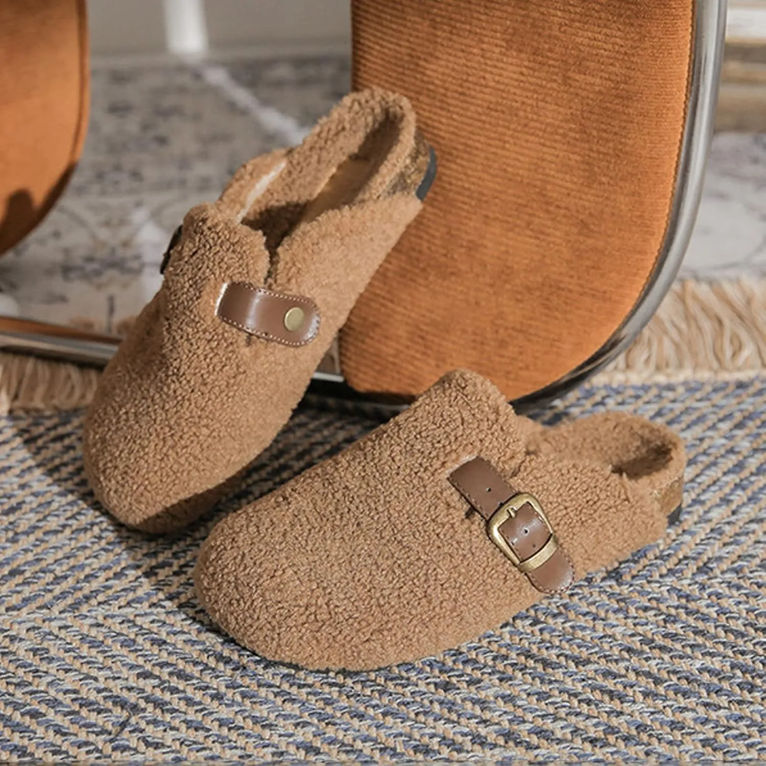 CT-Tebrun Women Shearling Slipper，Buckled Sherpa-effect Loafers With Round Toe Clog Soft Fuzzy Slip On Mules Women's Slippers