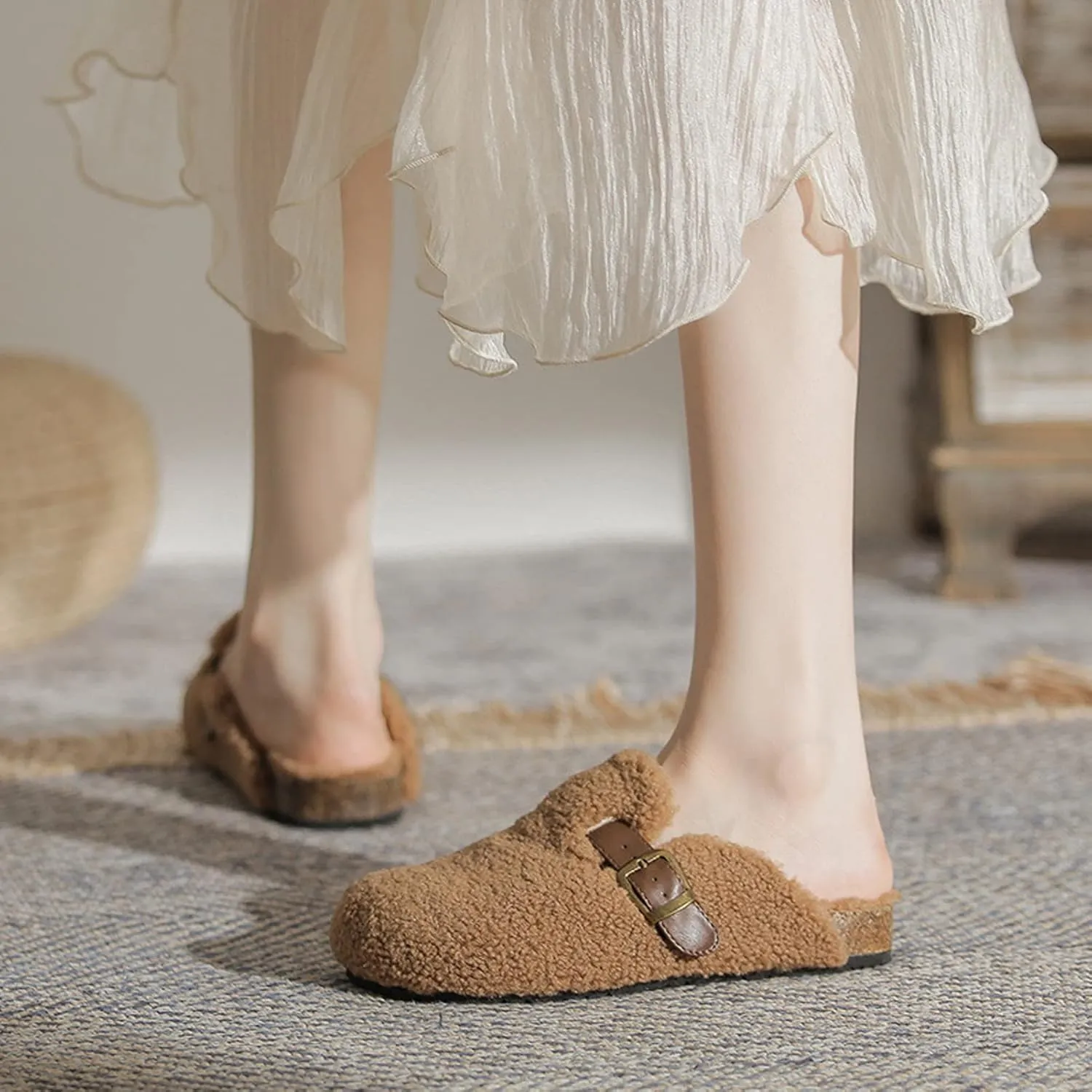 CT-Tebrun Women Shearling Slipper，Buckled Sherpa-effect Loafers With Round Toe Clog Soft Fuzzy Slip On Mules Women's Slippers