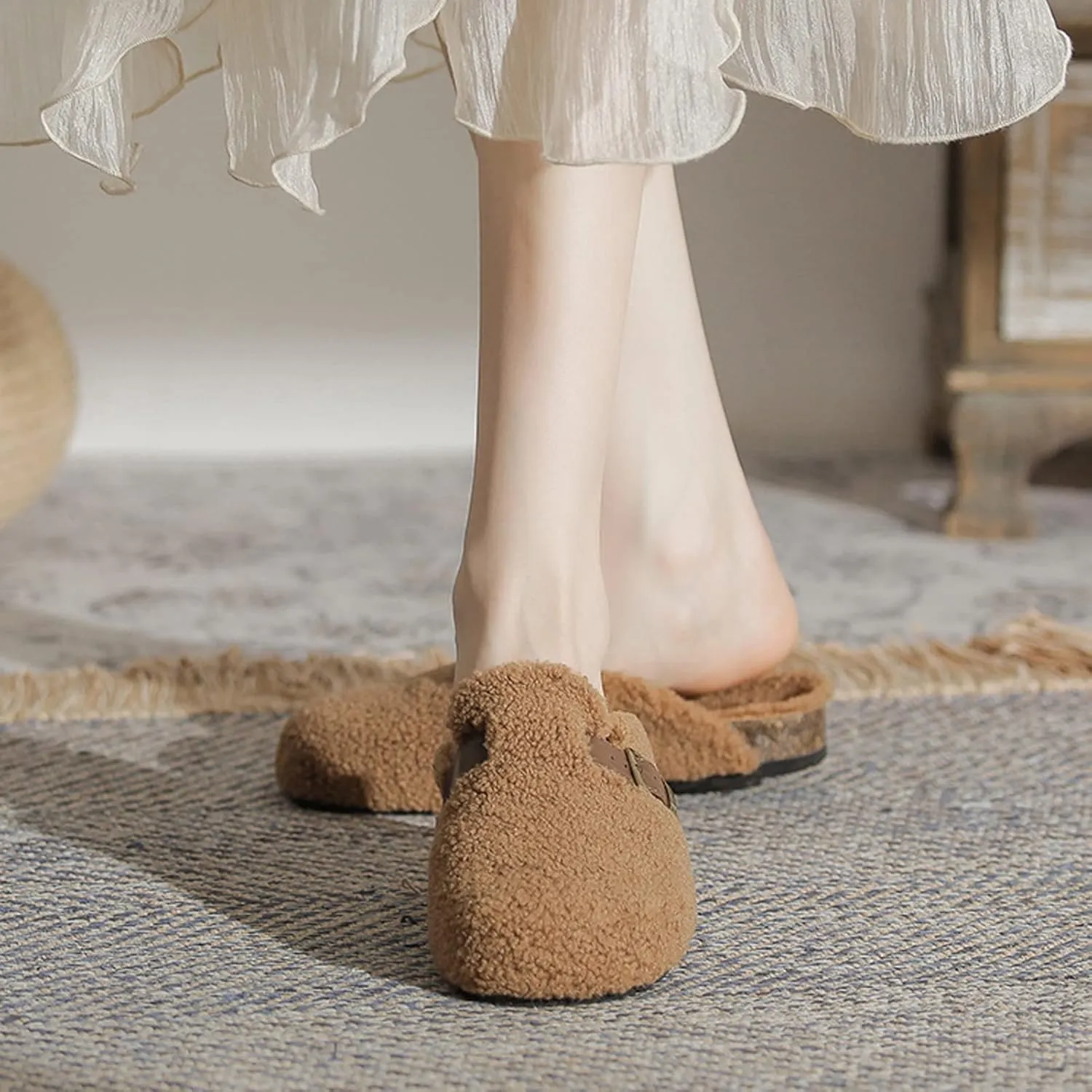 CT-Tebrun Women Shearling Slipper，Buckled Sherpa-effect Loafers With Round Toe Clog Soft Fuzzy Slip On Mules Women's Slippers