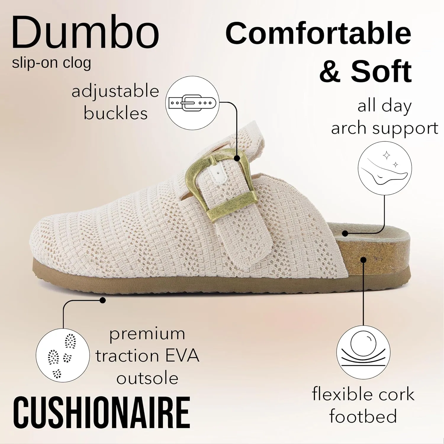 CUSHIONAIRE Dumbo Slip-On Clogs for Women with Textured Knit Upper, Adjustable Buckle, and Cushioned Footbed – Stylish and Comfortable Women's Shoes