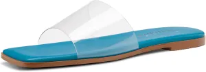 DearOnly Womens Low Heel Square Toe Mules Flats Slip-on Clear Wedding Dress Summer Shoes