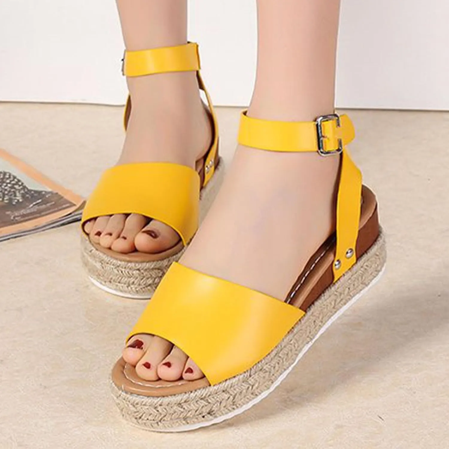 DevilAngel Women's Topic Open Toe Buckle Ankle Strap Espadrilles Flatform Synthetic Summer Casual Wedges Sandals