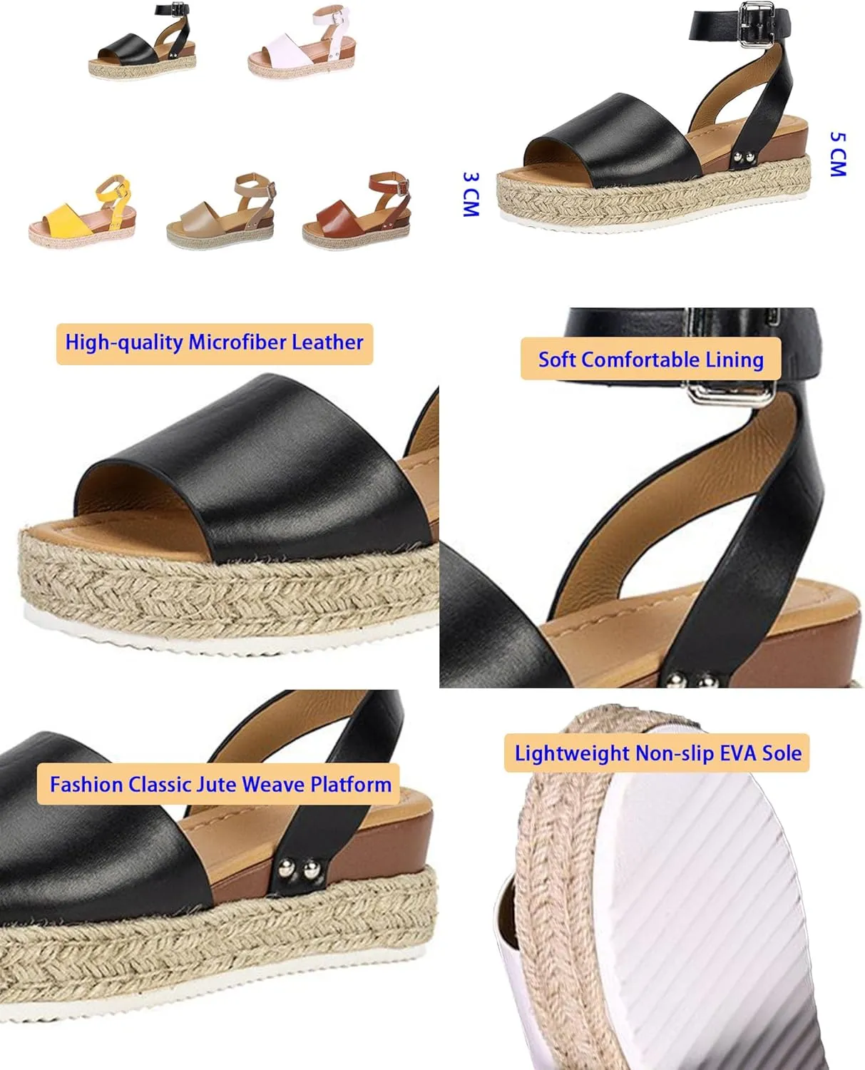 DevilAngel Women's Topic Open Toe Buckle Ankle Strap Espadrilles Flatform Synthetic Summer Casual Wedges Sandals