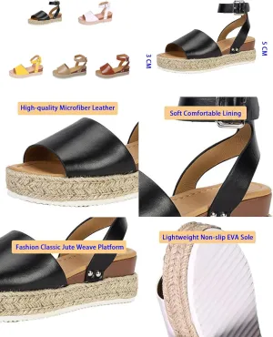 DevilAngel Women's Topic Open Toe Buckle Ankle Strap Espadrilles Flatform Synthetic Summer Casual Wedges Sandals
