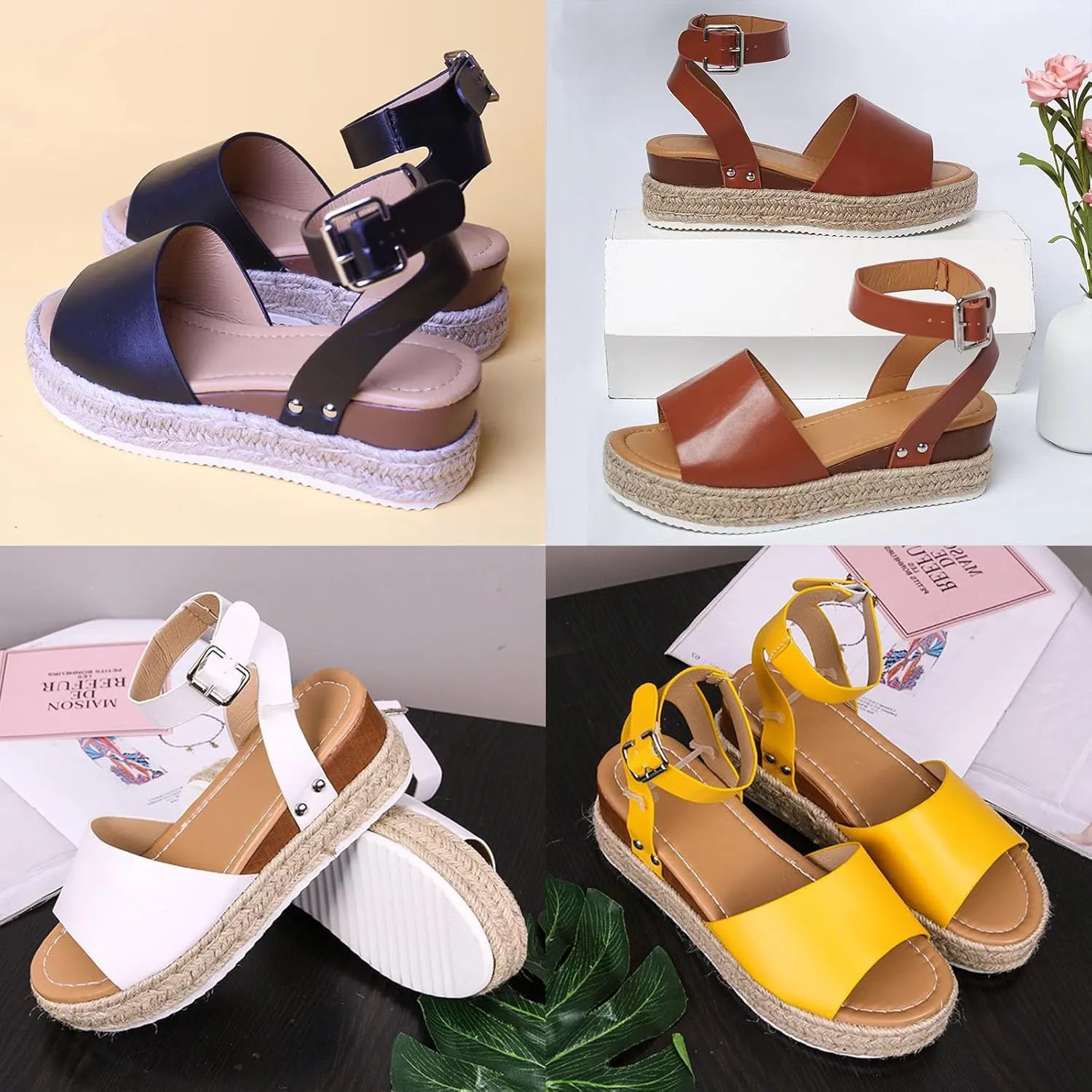 DevilAngel Women's Topic Open Toe Buckle Ankle Strap Espadrilles Flatform Synthetic Summer Casual Wedges Sandals