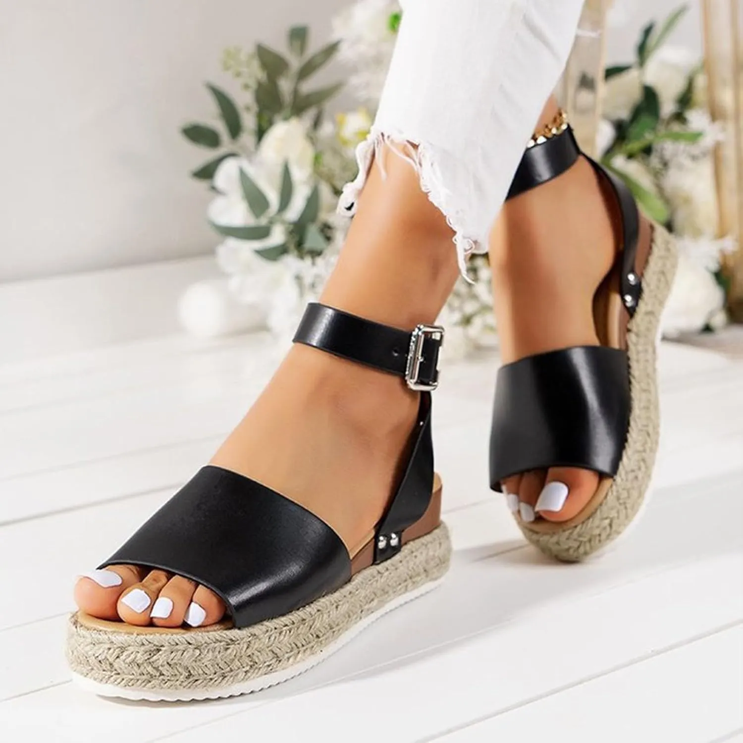 DevilAngel Women's Topic Open Toe Buckle Ankle Strap Espadrilles Flatform Synthetic Summer Casual Wedges Sandals