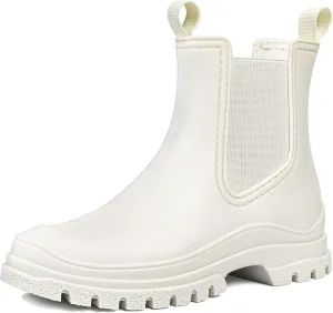 DKSUKO Women's Short Rain Boots Rubber Waterproof Garden Boots Elastic Slip On Ankle Chelsea Boot Fashion Insulated Rain Shoe for Outdoor Work Thick Sole