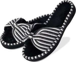 DL Women's Memory Foam Open Toe Slide Slippers with Cute Bow and Cozy Terry Lining, Slip-on House Shoes Spa Mules Sandals with Indoor Outdoor Rubber Sole