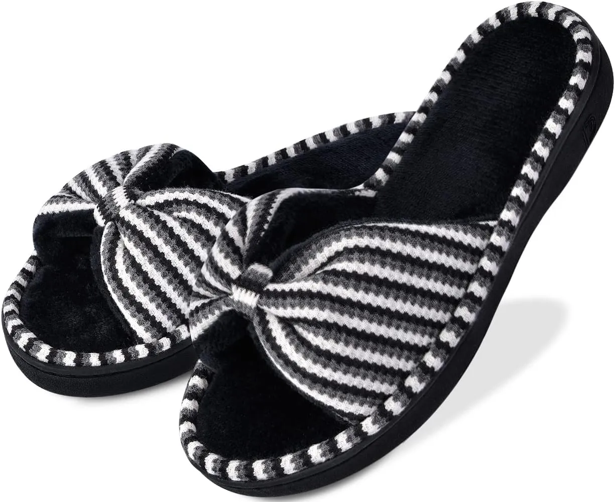 DL Women's Memory Foam Open Toe Slide Slippers with Cute Bow and Cozy Terry Lining, Slip-on House Shoes Spa Mules Sandals with Indoor Outdoor Rubber Sole
