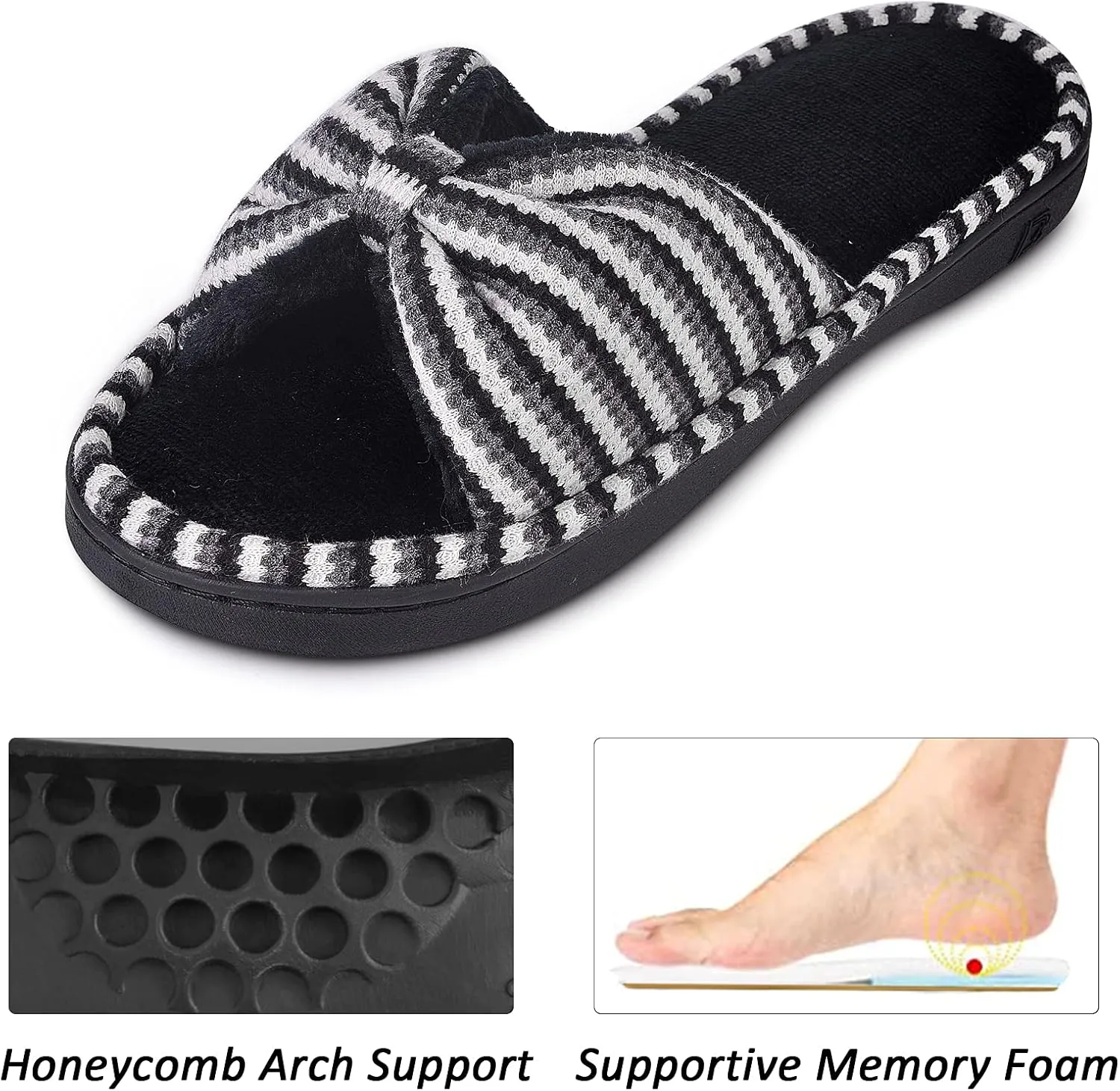 DL Women's Memory Foam Open Toe Slide Slippers with Cute Bow and Cozy Terry Lining, Slip-on House Shoes Spa Mules Sandals with Indoor Outdoor Rubber Sole