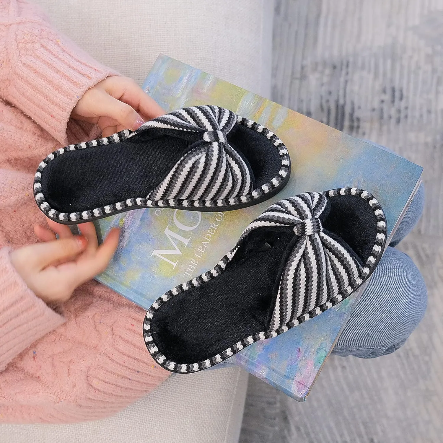 DL Women's Memory Foam Open Toe Slide Slippers with Cute Bow and Cozy Terry Lining, Slip-on House Shoes Spa Mules Sandals with Indoor Outdoor Rubber Sole