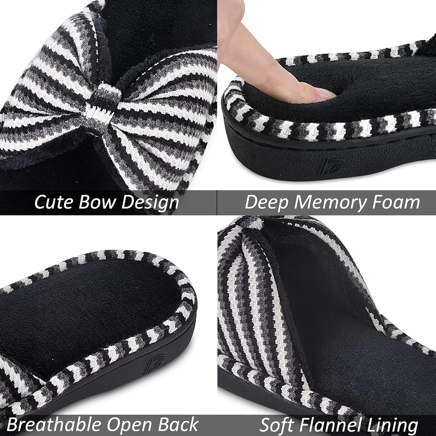 DL Women's Memory Foam Open Toe Slide Slippers with Cute Bow and Cozy Terry Lining, Slip-on House Shoes Spa Mules Sandals with Indoor Outdoor Rubber Sole