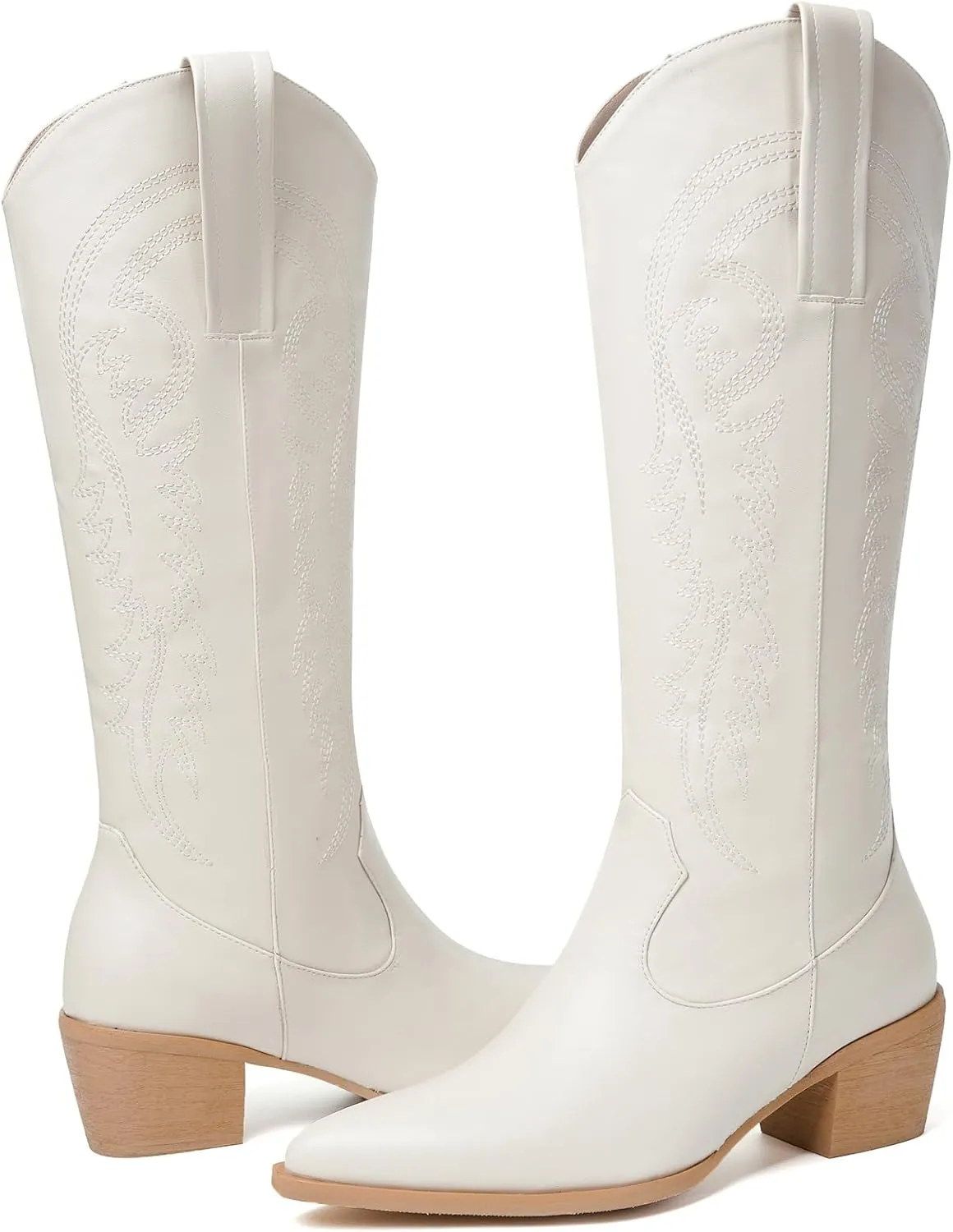 DOBOYG Women Cowboy Boots Western Embroidered Knee High Wide Calf Country Boots Chunky Heel Retro Classic Pull On Tall Cowgirl Boots for Women Perfect for Country Concert Outfits