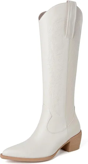 DOBOYG Women Cowboy Boots Western Embroidered Knee High Wide Calf Country Boots Chunky Heel Retro Classic Pull On Tall Cowgirl Boots for Women Perfect for Country Concert Outfits