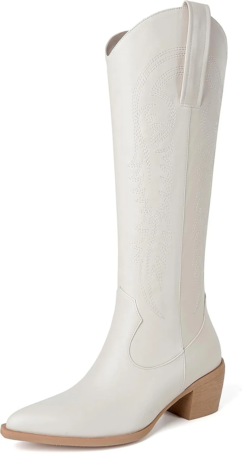 DOBOYG Women Cowboy Boots Western Embroidered Knee High Wide Calf Country Boots Chunky Heel Retro Classic Pull On Tall Cowgirl Boots for Women Perfect for Country Concert Outfits
