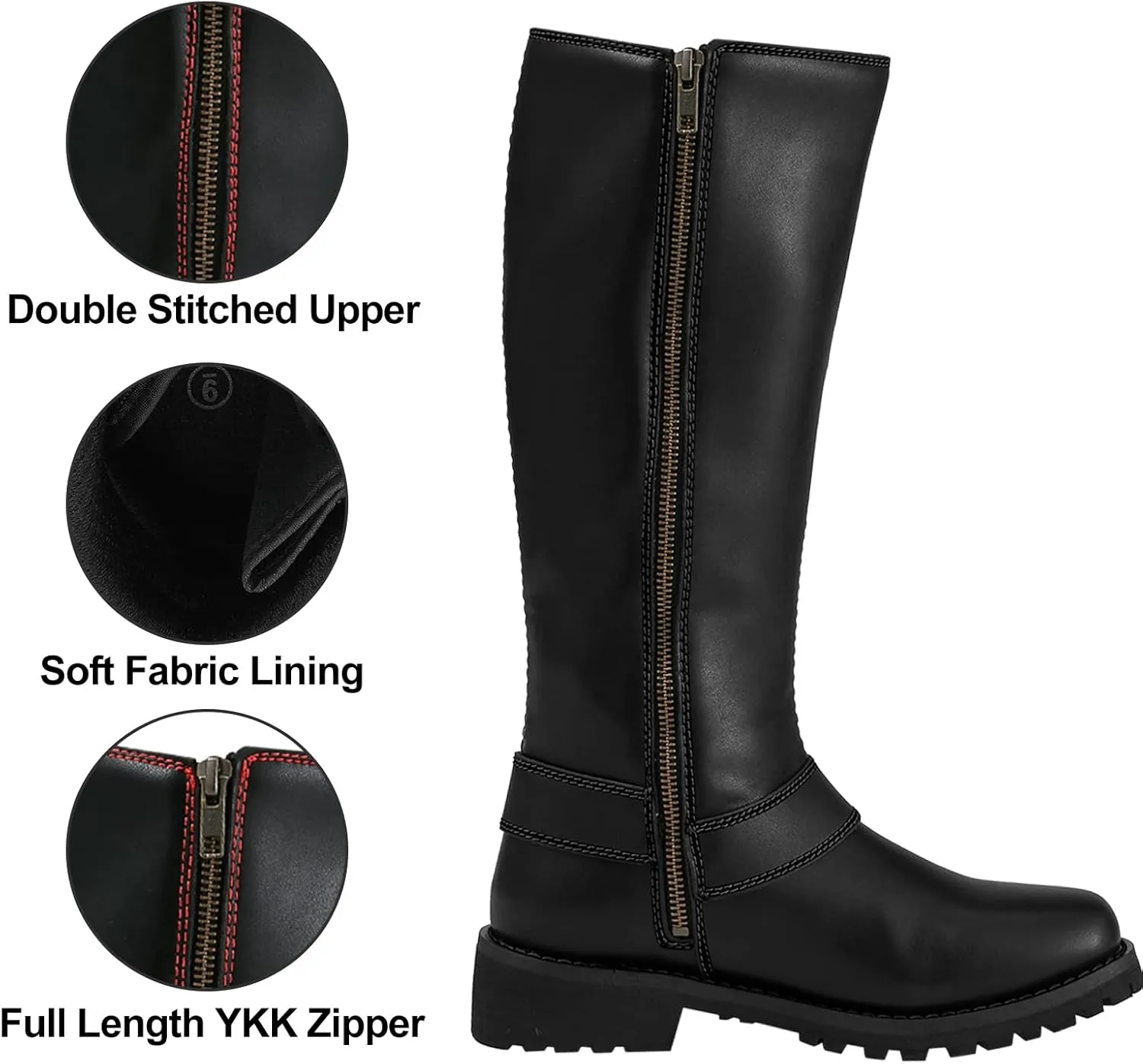 Dream Apparel Women's Harness Motorcycle Riding Boots Square Toe Biker Boots, Lace Up Knee High Boots with Side Zipper, Black PU Leather Boots Ladies