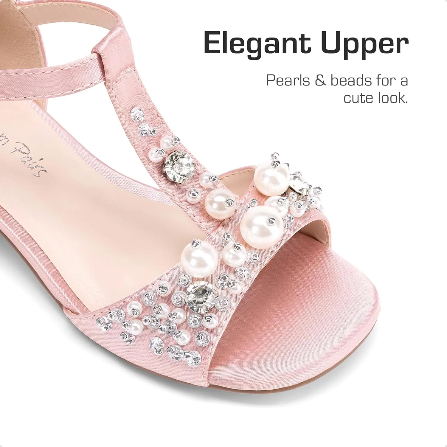 DREAM PAIRS Girls Sandals Ankle Strap T-Strap Low Heel Pearl Bow Flower Pump Dress Wedding Party Shoes for Little Kid/Big Kid