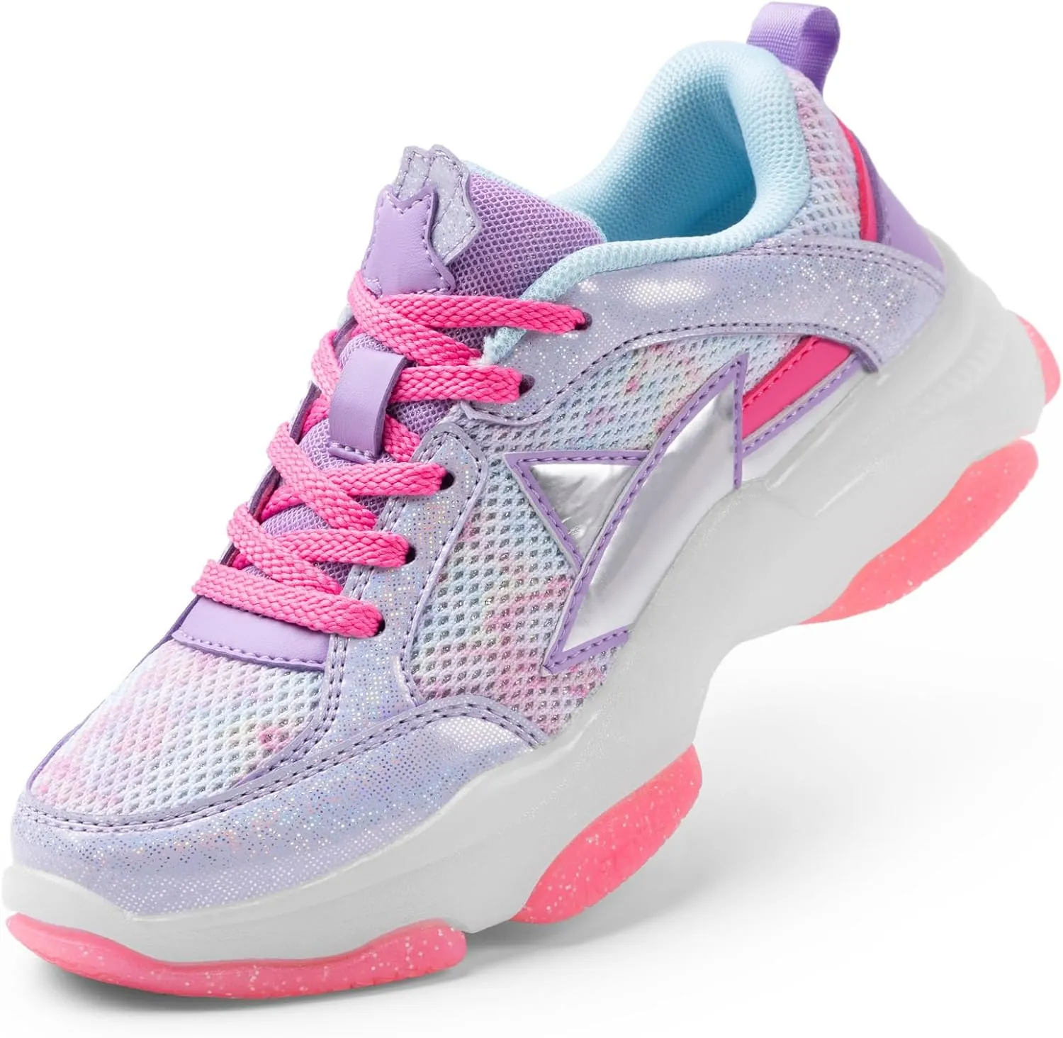 DREAM PAIRS Girls Sneakers Lace up Lightweight Sparkle StarGlow Breathable Jelly Sole Kids Walking Shoes Casual Sports