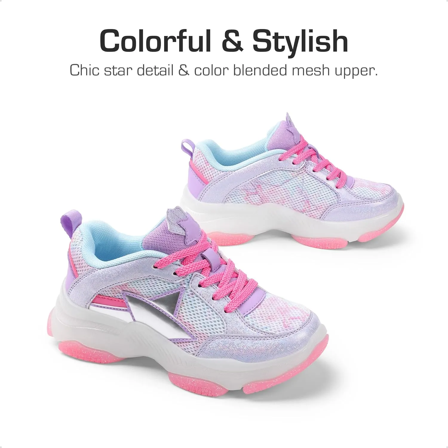 DREAM PAIRS Girls Sneakers Lace up Lightweight Sparkle StarGlow Breathable Jelly Sole Kids Walking Shoes Casual Sports