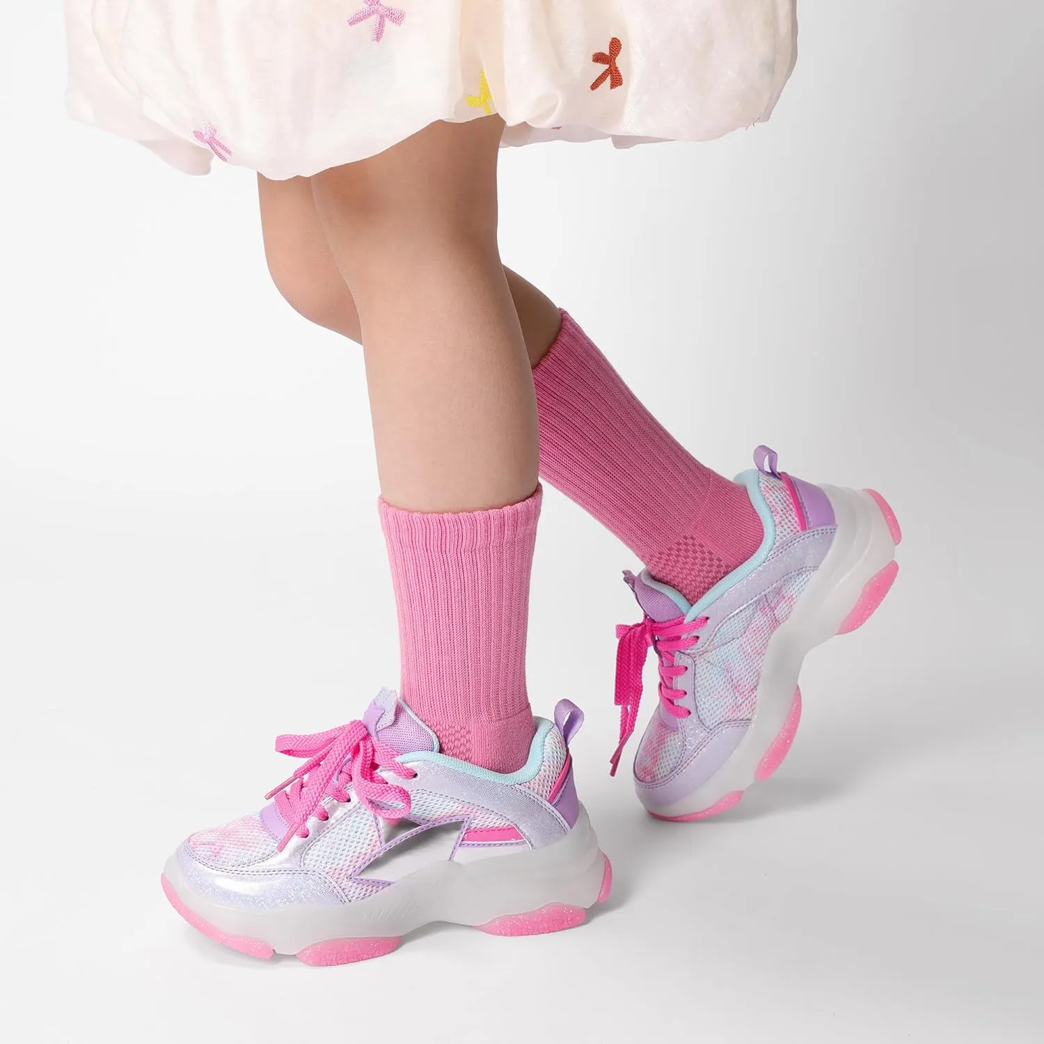 DREAM PAIRS Girls Sneakers Lace up Lightweight Sparkle StarGlow Breathable Jelly Sole Kids Walking Shoes Casual Sports
