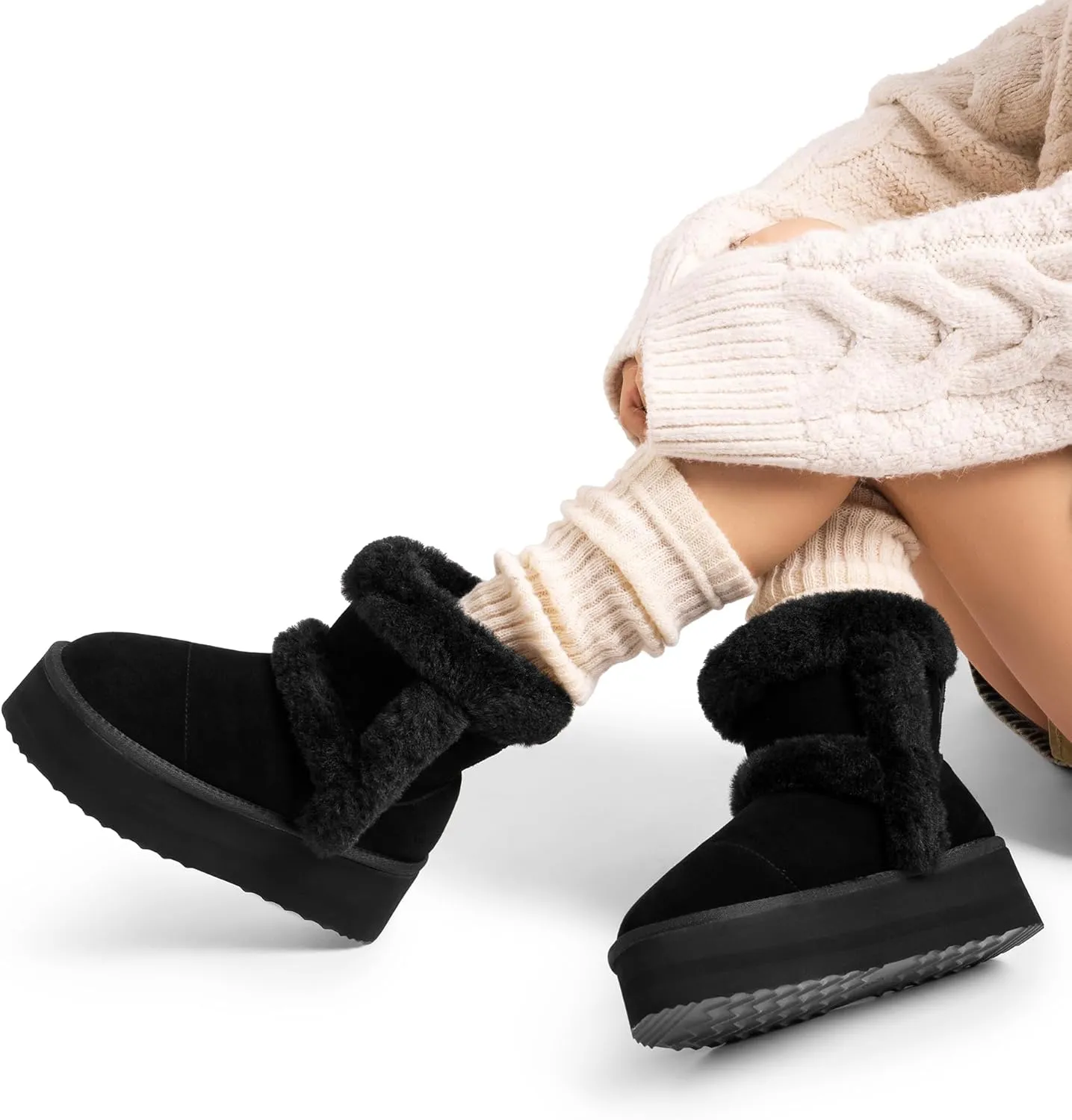 DREAM PAIRS Winter Platform Fur Boots for Women Genuine Suede Faux Fur Snow Booties Classic Warm Slip-On Memory Foam Comfort FuzzyChic Plush Platform Ankle Boots