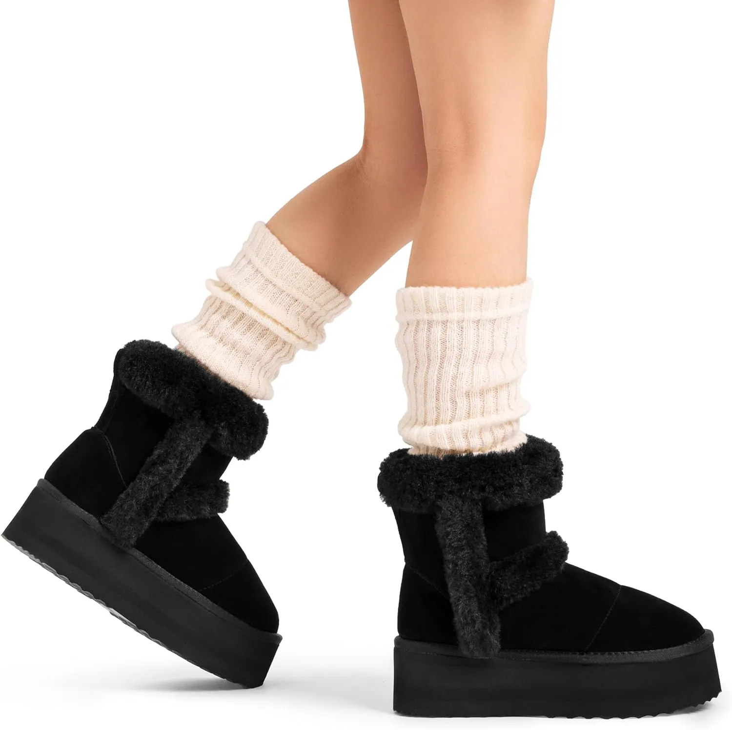 DREAM PAIRS Winter Platform Fur Boots for Women Genuine Suede Faux Fur Snow Booties Classic Warm Slip-On Memory Foam Comfort FuzzyChic Plush Platform Ankle Boots