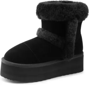 DREAM PAIRS Winter Platform Fur Boots for Women Genuine Suede Faux Fur Snow Booties Classic Warm Slip-On Memory Foam Comfort FuzzyChic Plush Platform Ankle Boots