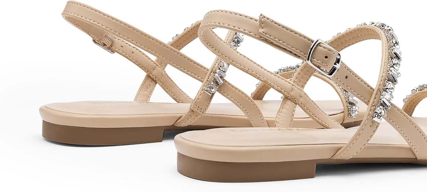 DREAM PAIRS Women's Rhinestone Sandals Open Toe Casual Dressy Sparkly Comfortable Flat Summer Shoes