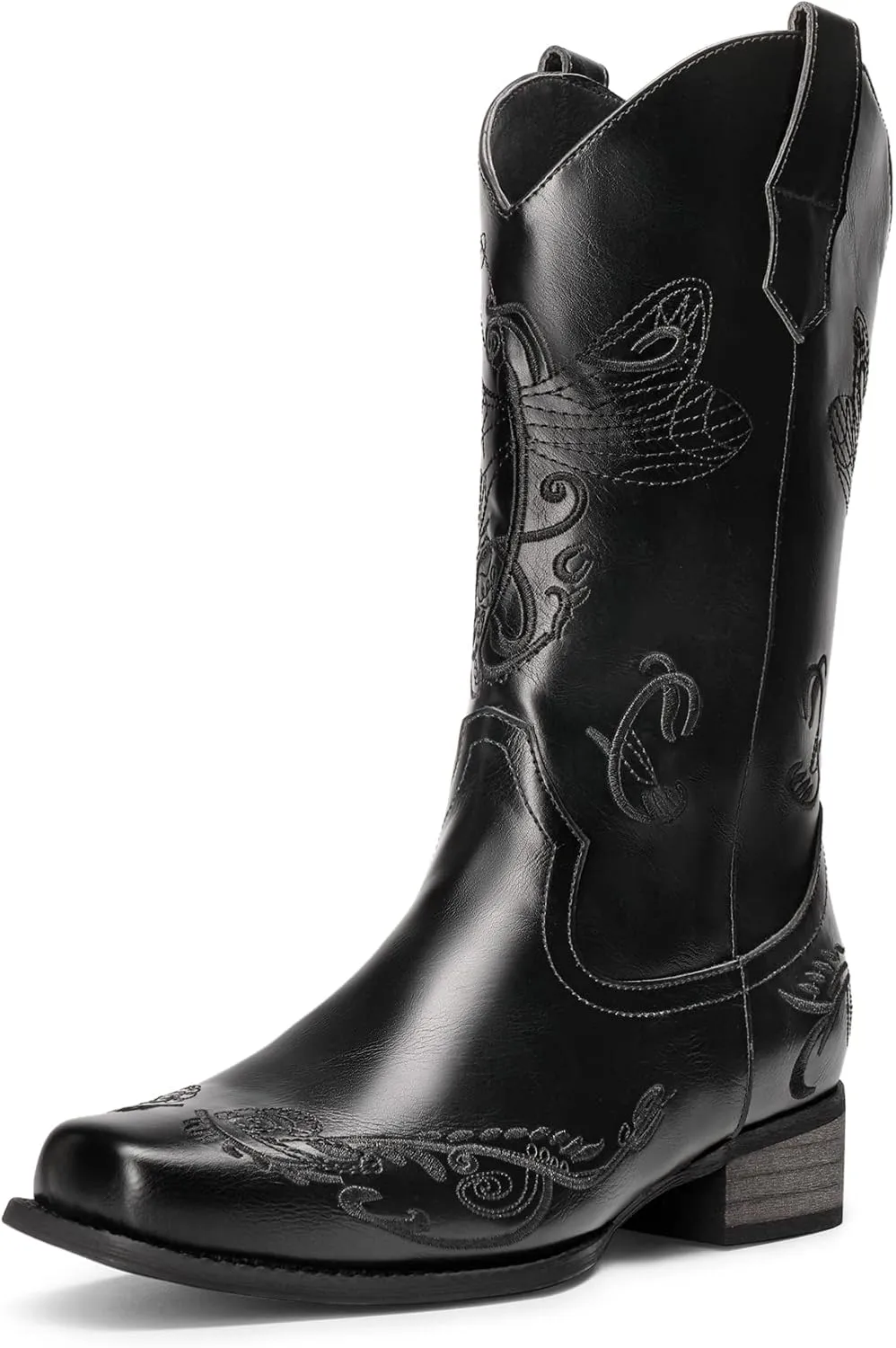 DREAM PAIRS Women's Square Toe Cowboy Cowgirl Boots Pull On Low Chunky Heel Mid Calf Western Boots with Embroidered Stitched for Theme Party Country Concert