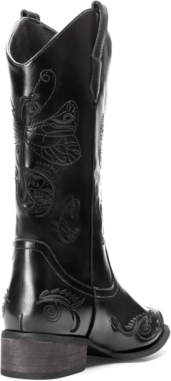 DREAM PAIRS Women's Square Toe Cowboy Cowgirl Boots Pull On Low Chunky Heel Mid Calf Western Boots with Embroidered Stitched for Theme Party Country Concert