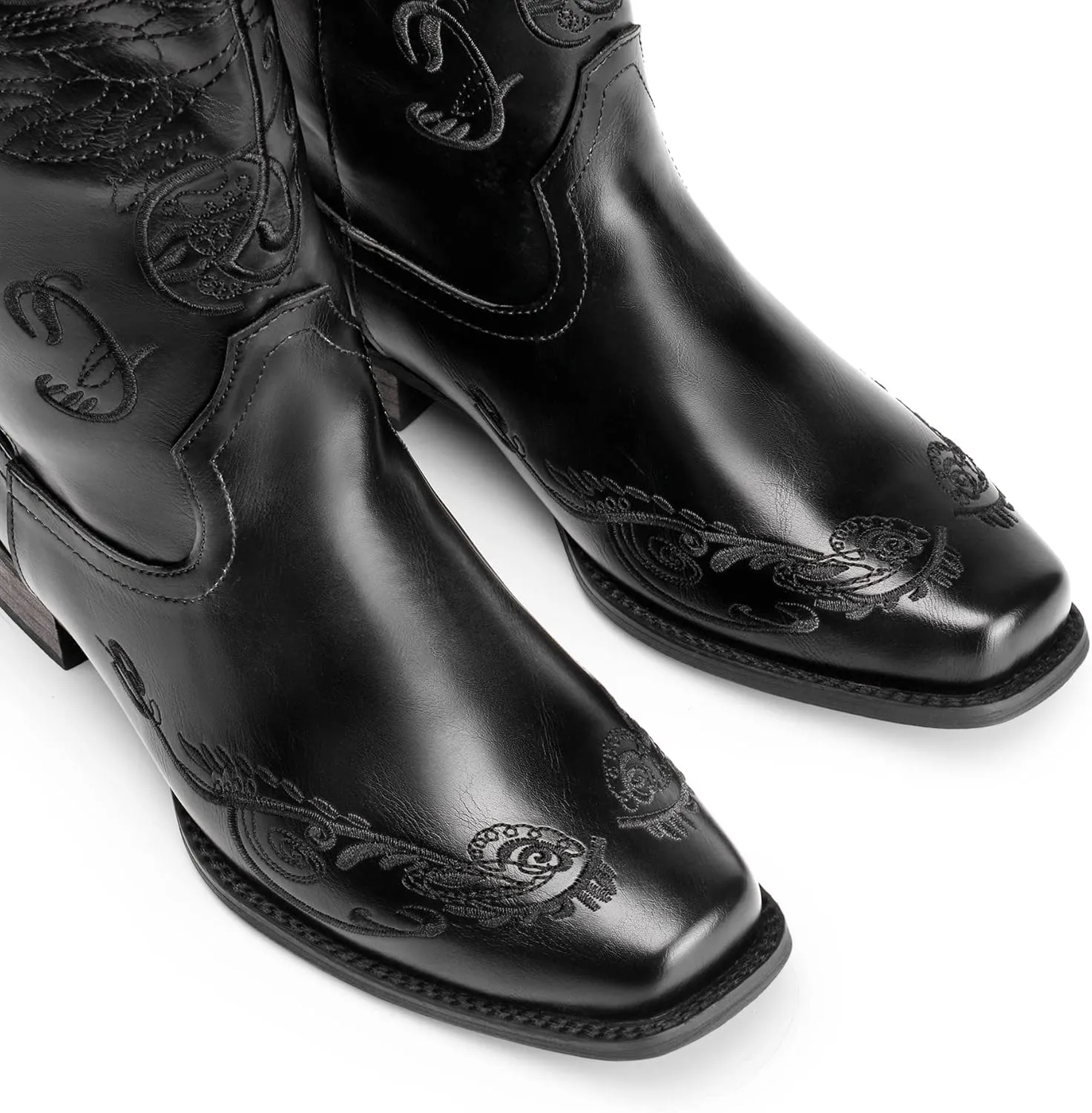 DREAM PAIRS Women's Square Toe Cowboy Cowgirl Boots Pull On Low Chunky Heel Mid Calf Western Boots with Embroidered Stitched for Theme Party Country Concert