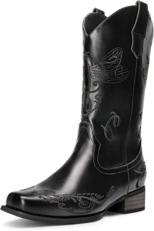 DREAM PAIRS Women's Square Toe Cowboy Cowgirl Boots Pull On Low Chunky Heel Mid Calf Western Boots with Embroidered Stitched for Theme Party Country Concert